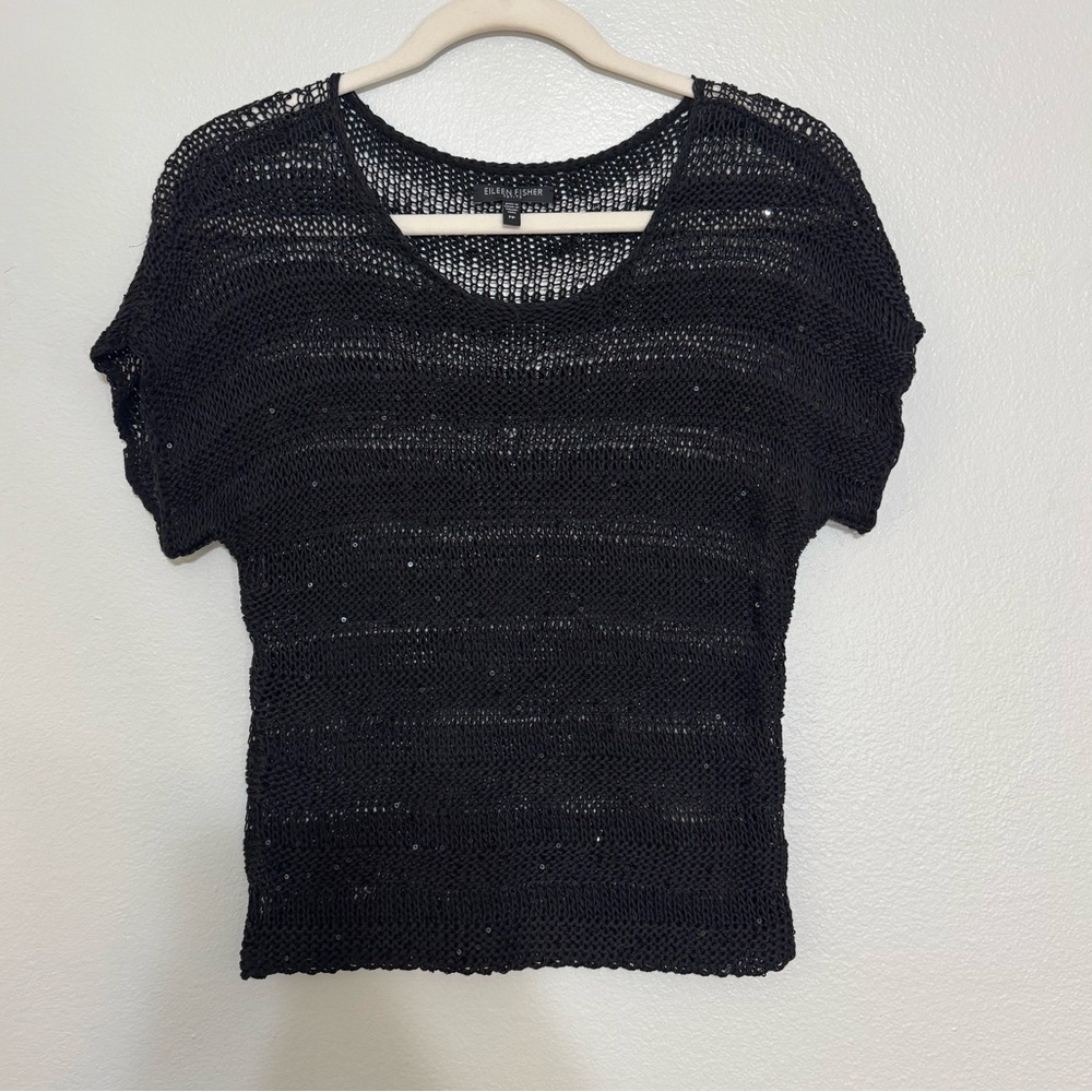 Eileen Fisher Open Knit Sequin Chainmail Box Short Sleeve Sweater - Picture 3 of 8